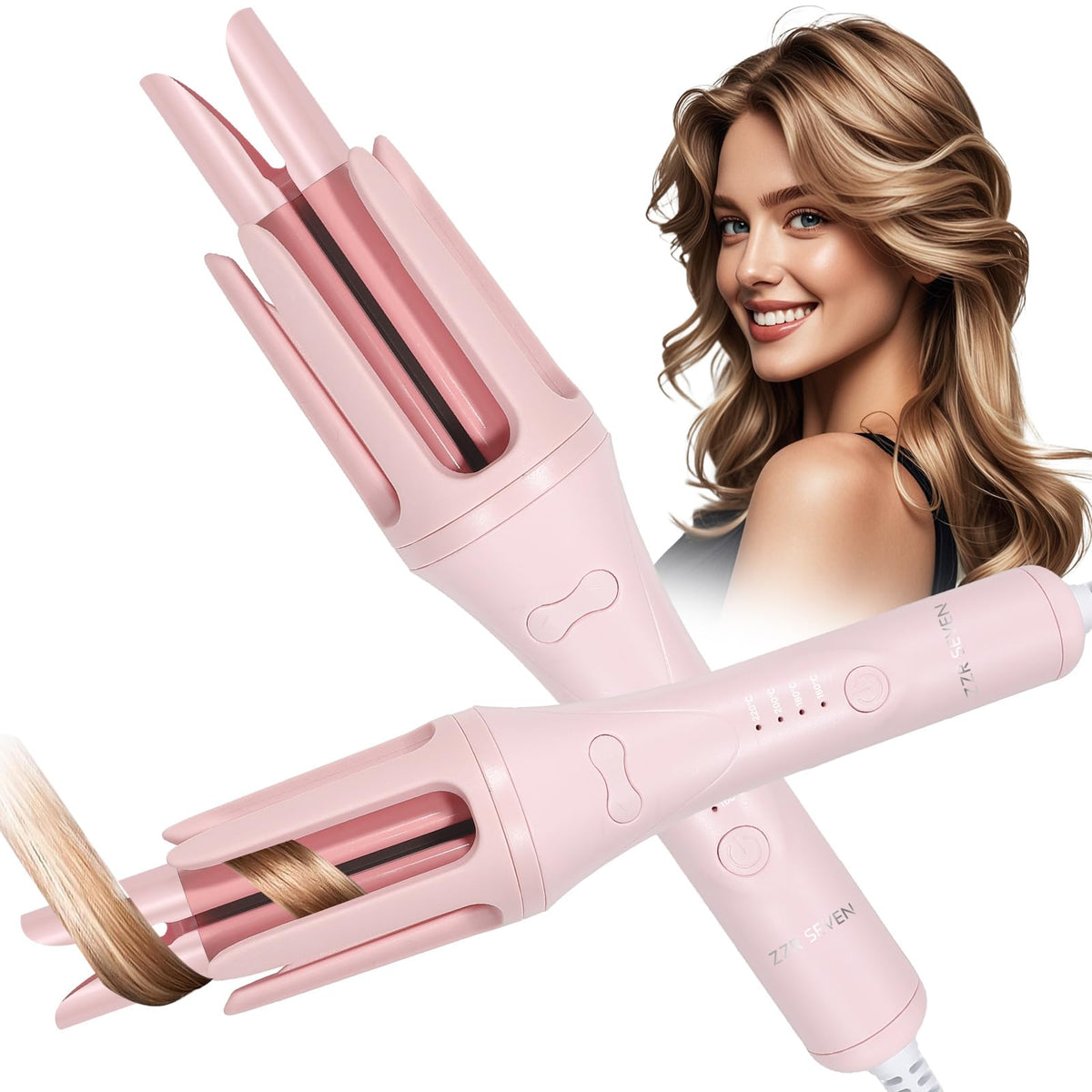 ZZR SEVEN front view pink showing sleek automatic curler and ergonomic handle benefit quick styling